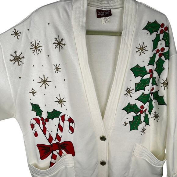 Linda Lori Vintage 90s 80s Deadstock Christmas Sweater Cardigan Oversized OSFM - Picture 2 of 13